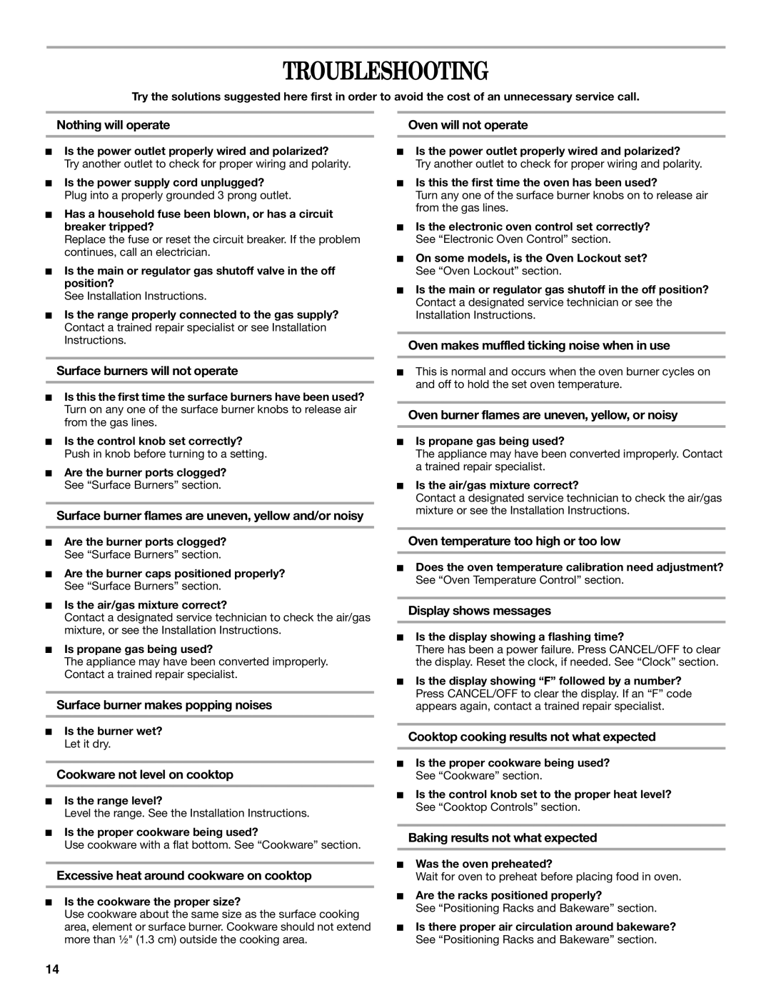 Whirlpool SF114PXS manual Troubleshooting 