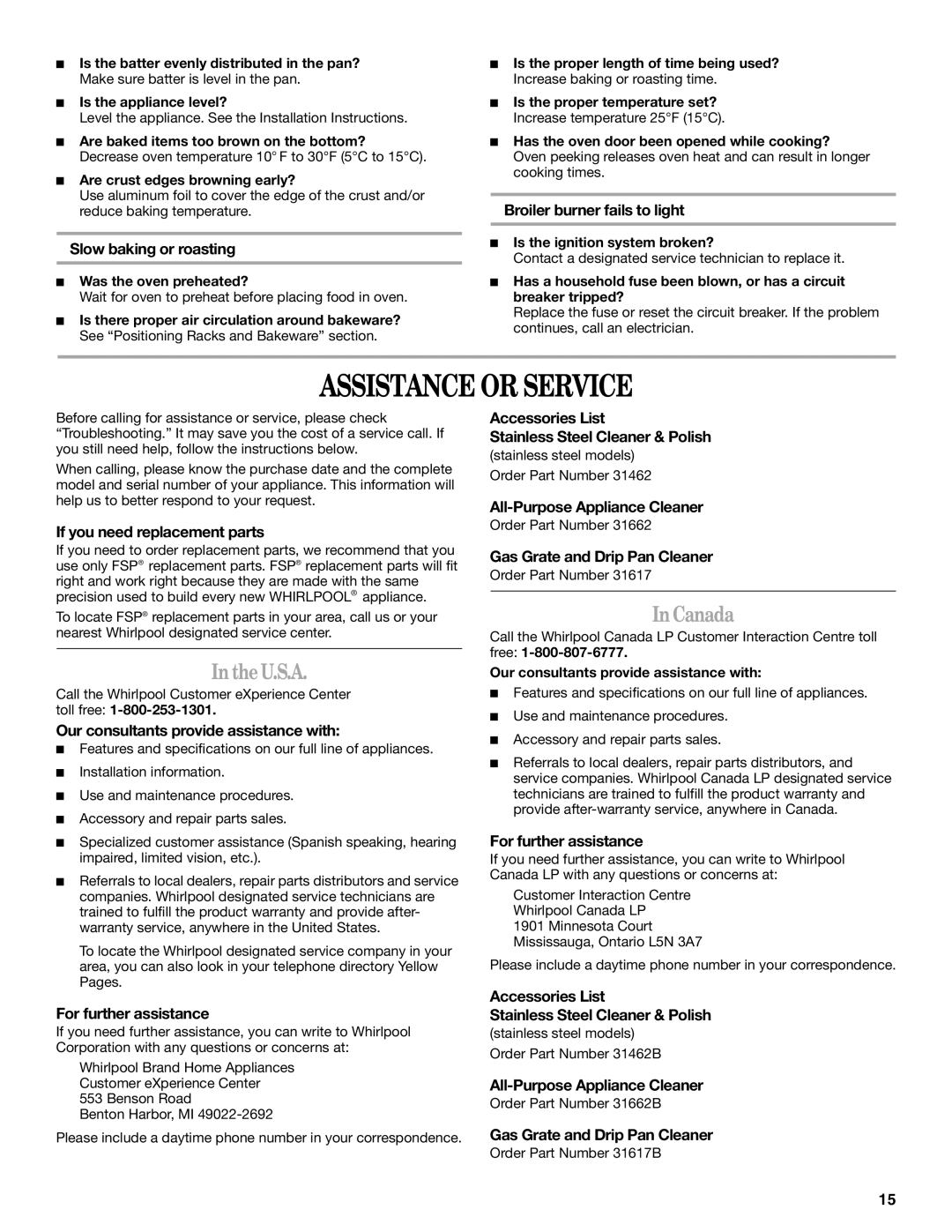 Whirlpool SF114PXS manual Assistance or Service, IntheU.S.A, InCanada 