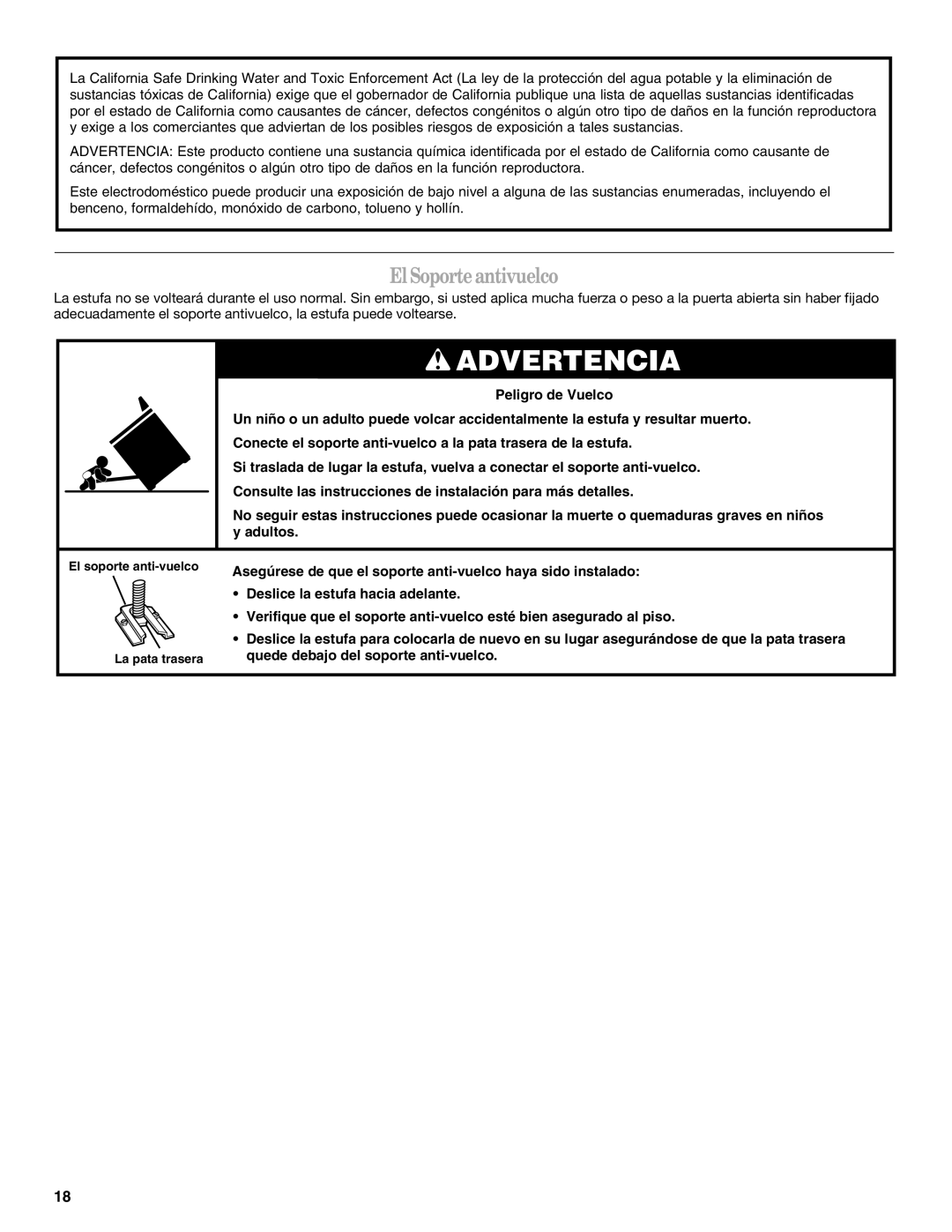 Whirlpool SF114PXS manual Advertencia, ElSoporteantivuelco 