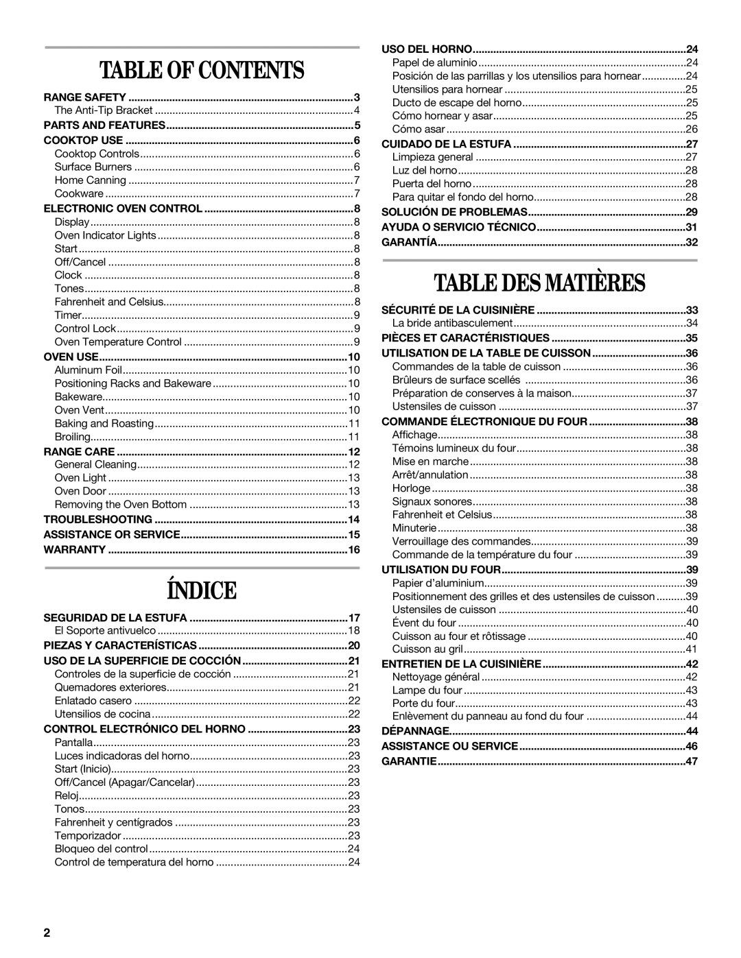 Whirlpool SF114PXS manual Índice, Table of Contents 