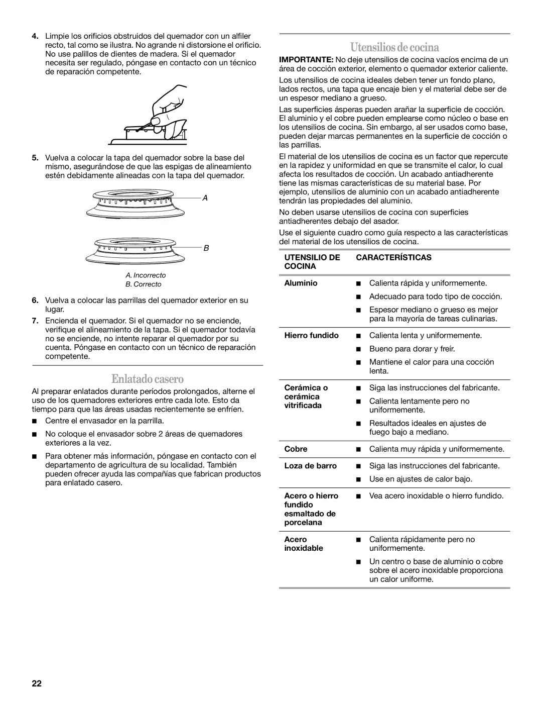 Whirlpool SF114PXS manual Enlatadocasero, Utensiliosdecocina, Utensilio DE Características Cocina 