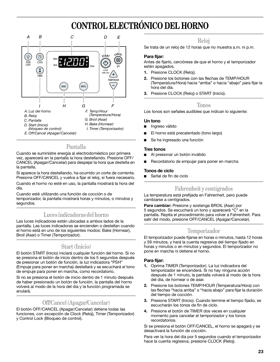 Whirlpool SF114PXS manual Control Electrónico DEL Horno 