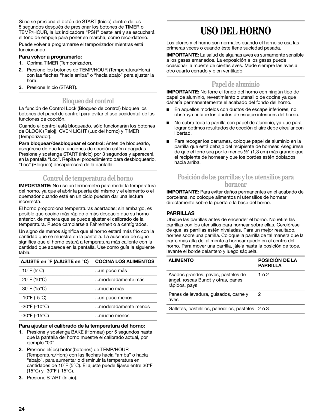 Whirlpool SF114PXS manual USO DEL Horno, Bloqueodelcontrol, Papeldealuminio, Controldetemperaturadelhorno 