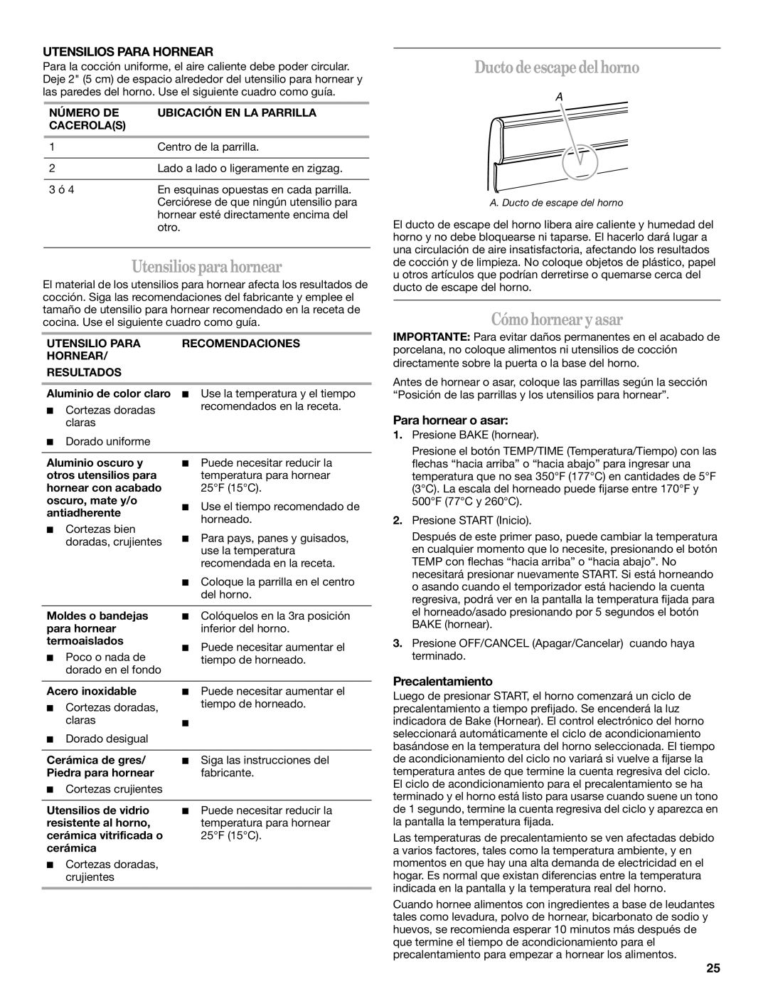 Whirlpool SF114PXS manual Utensiliosparahornear, Ductodeescapedelhorno, Cómohornearyasar, Utensilios Para Hornear 