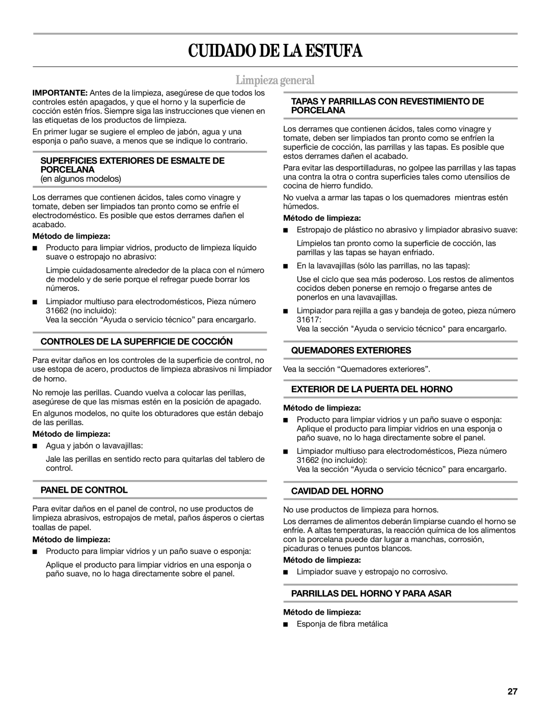 Whirlpool SF114PXS manual Cuidado DE LA Estufa, Limpiezageneral 