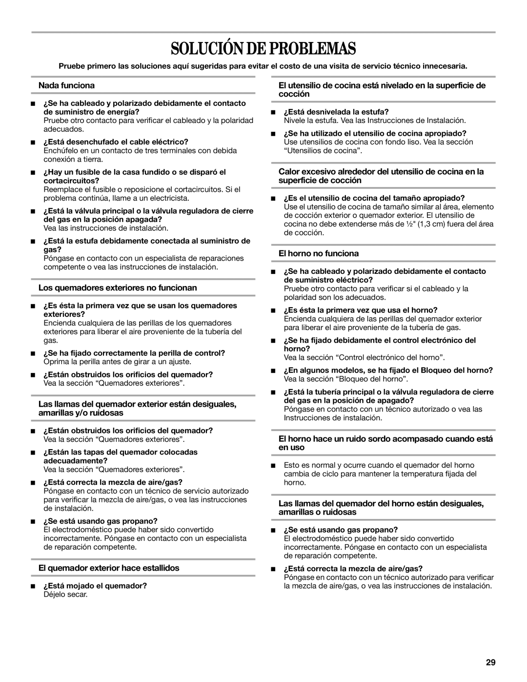 Whirlpool SF114PXS manual Solución DE Problemas 