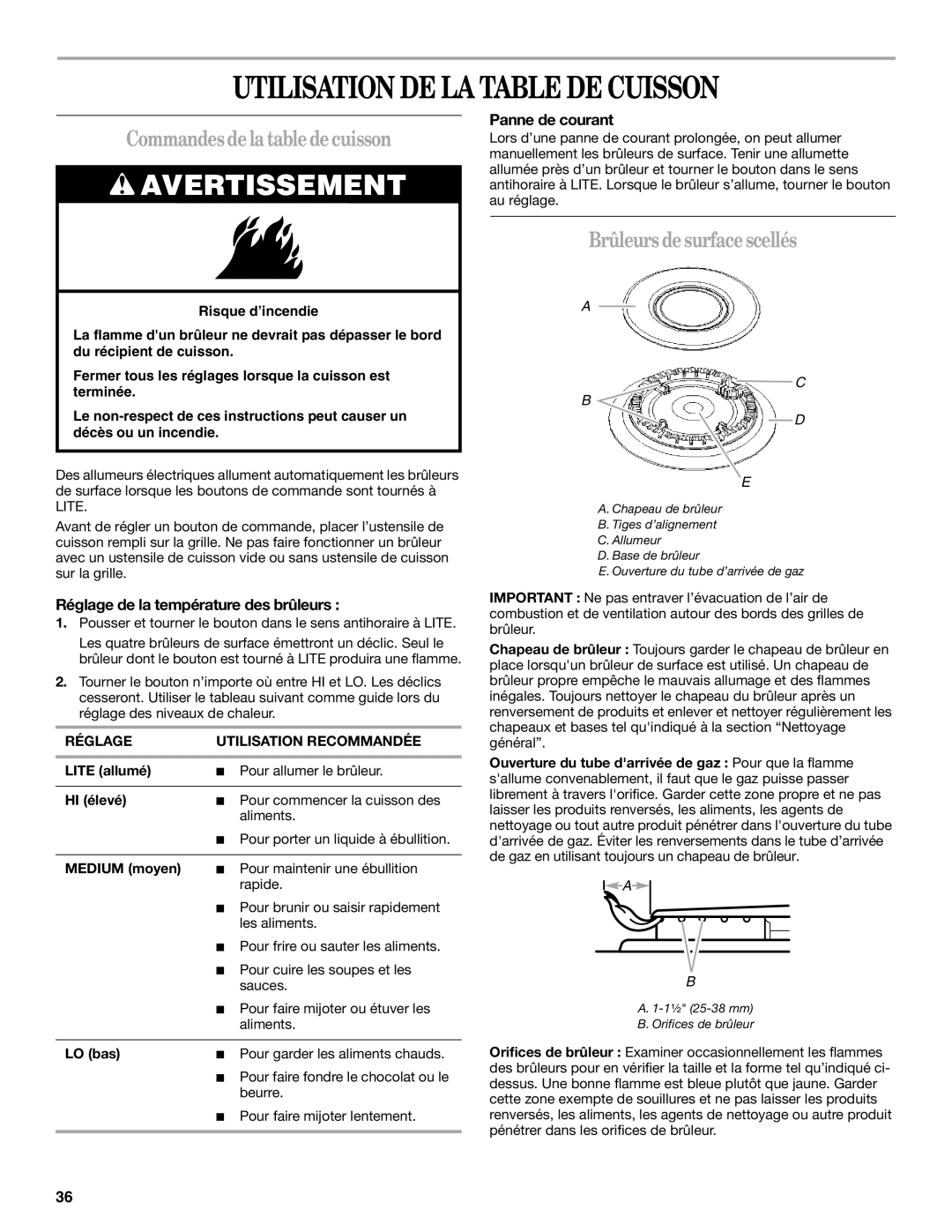 Whirlpool SF114PXS manual Utilisation DE LA Table DE Cuisson, Commandesdelatabledecuisson, Brûleursdesurfacescellés 