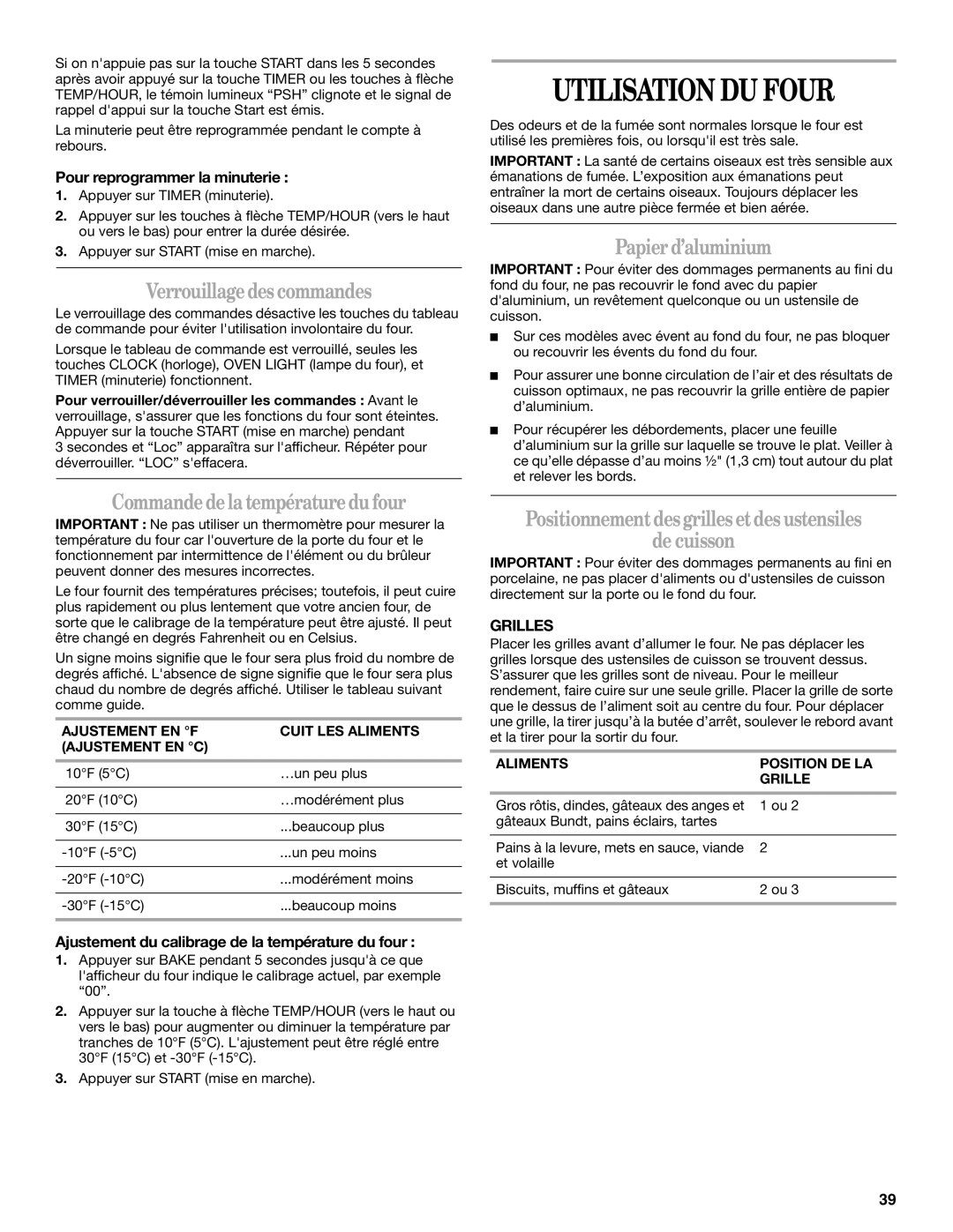 Whirlpool SF114PXS manual Utilisation DU Four, Verrouillagedescommandes, Commandedelatempératuredufour, Papierd’aluminium 