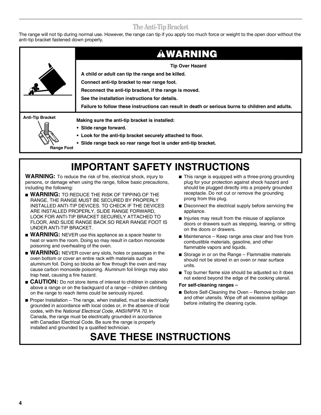 Whirlpool SF114PXS manual Important Safety Instructions, TheAnti-TipBracket 