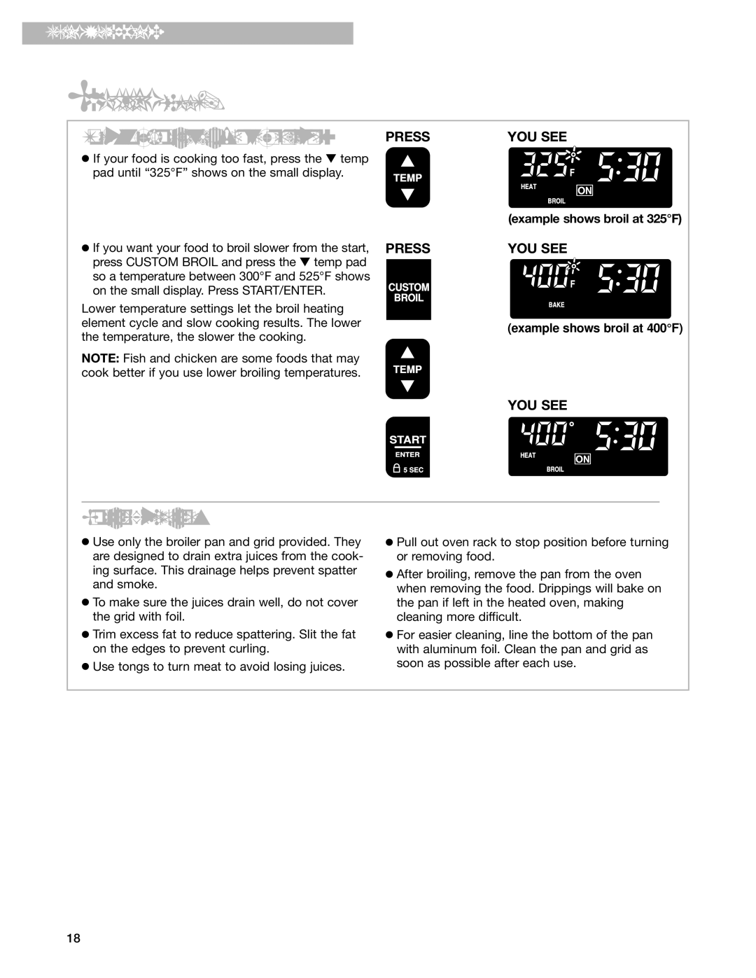 Whirlpool SF195LEH warranty Broiling guidelines, Example shows broil at 325F 