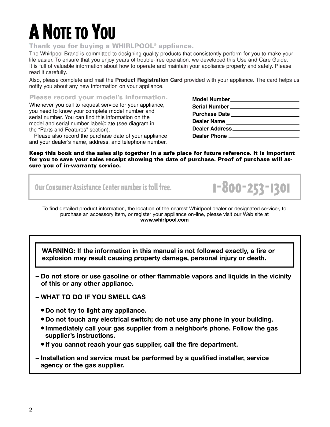 Whirlpool SF195LEH warranty What to do if YOU Smell GAS 