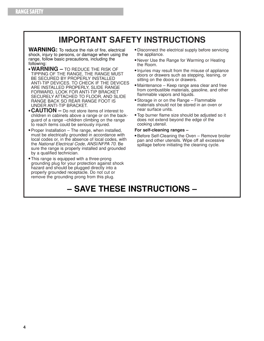 Whirlpool SF195LEH warranty Important Safety Instructions 