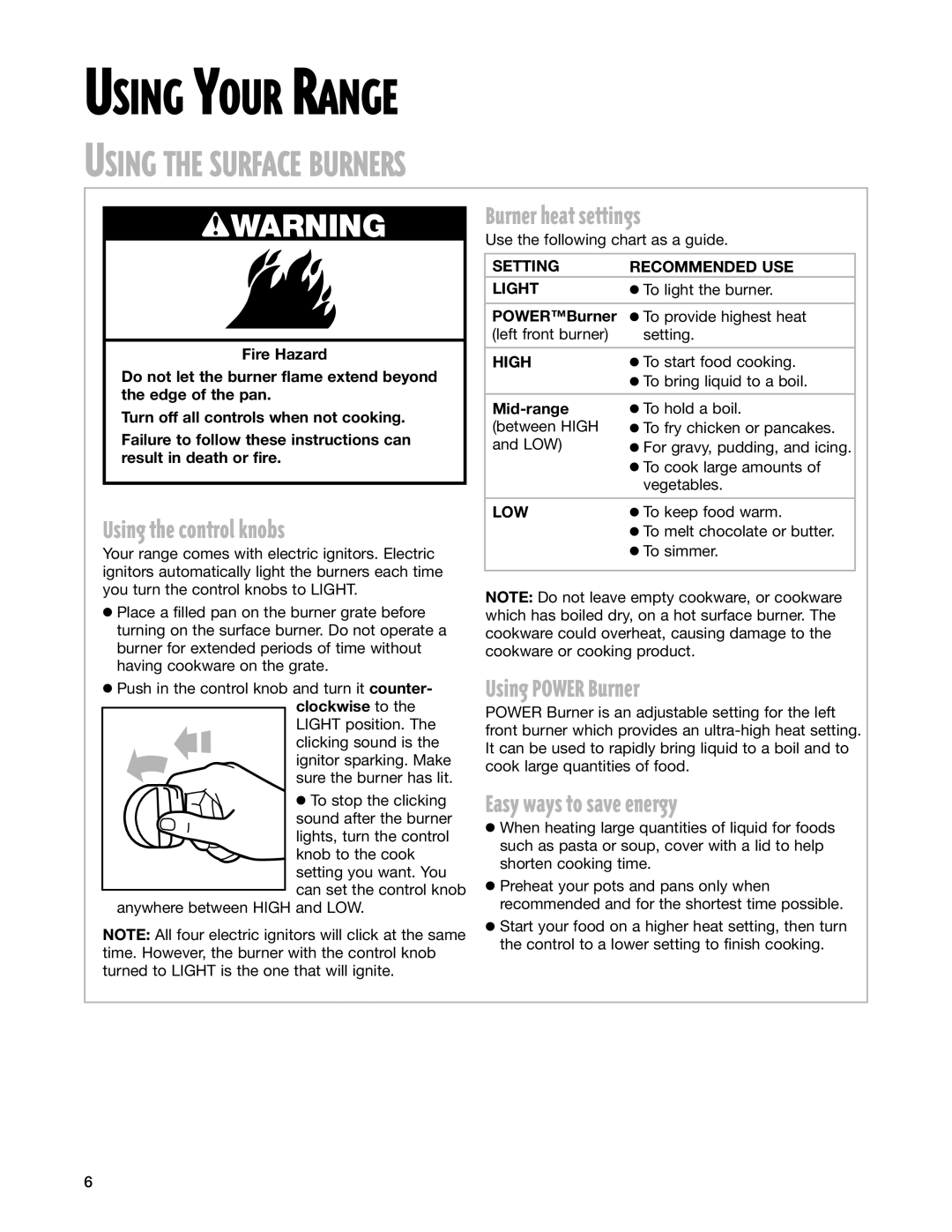 Whirlpool SF195LEH warranty Using the Surface Burners, Using the control knobs, Burner heat settings, Using Power Burner 