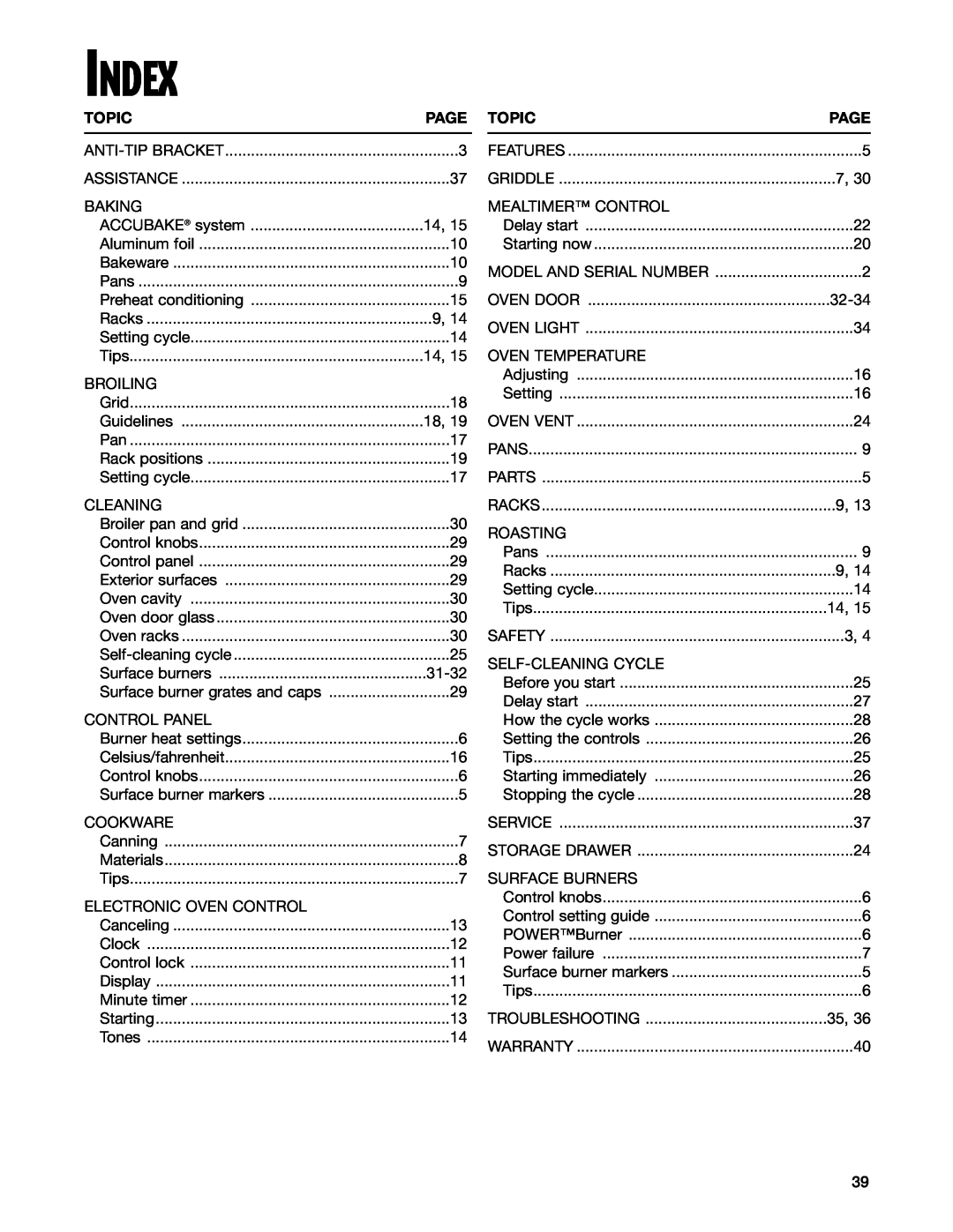 Whirlpool SF195LEH warranty Index, Topic, Page 