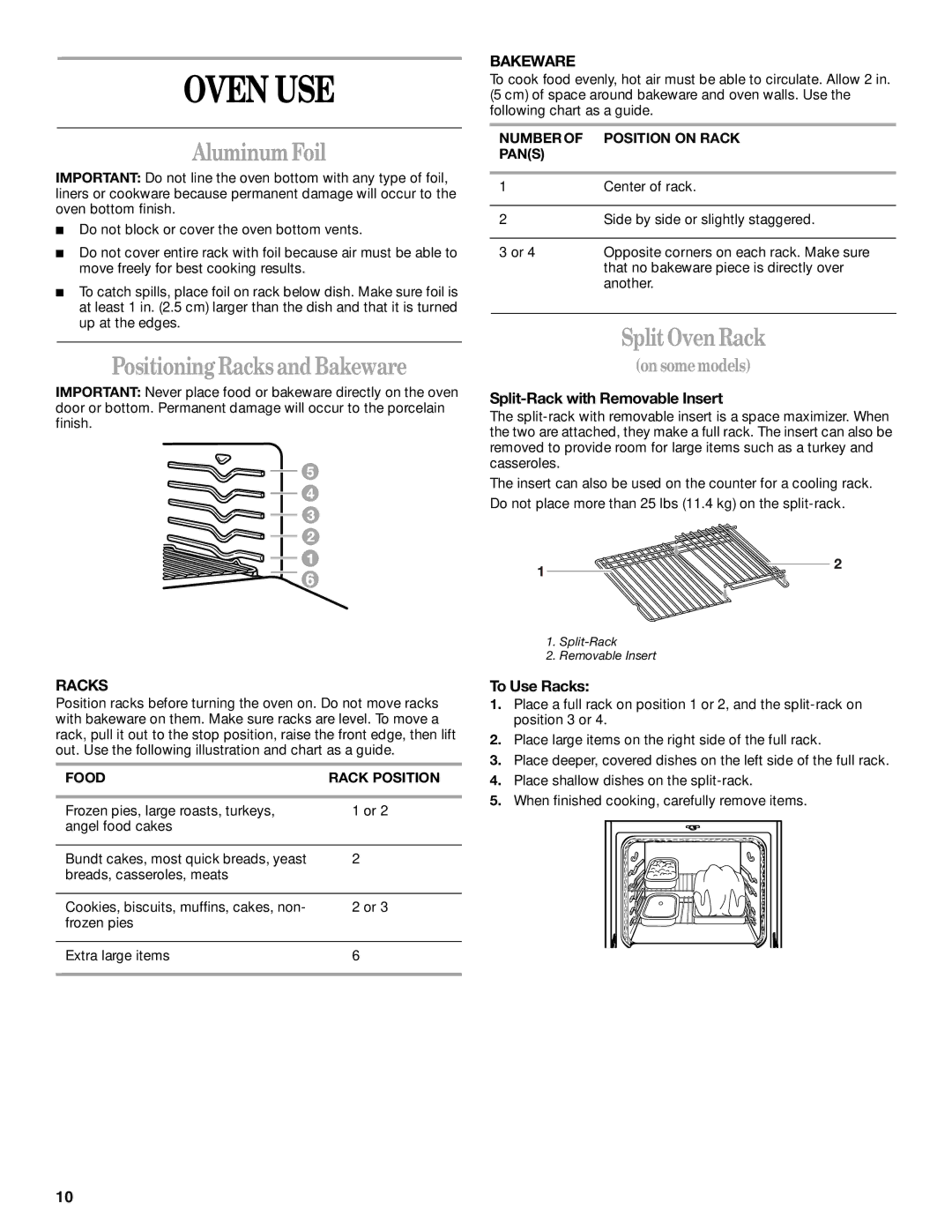 Whirlpool SF195LEK manual Oven USE, Aluminum Foil, Positioning Racks and Bakeware, Split Oven Rack 