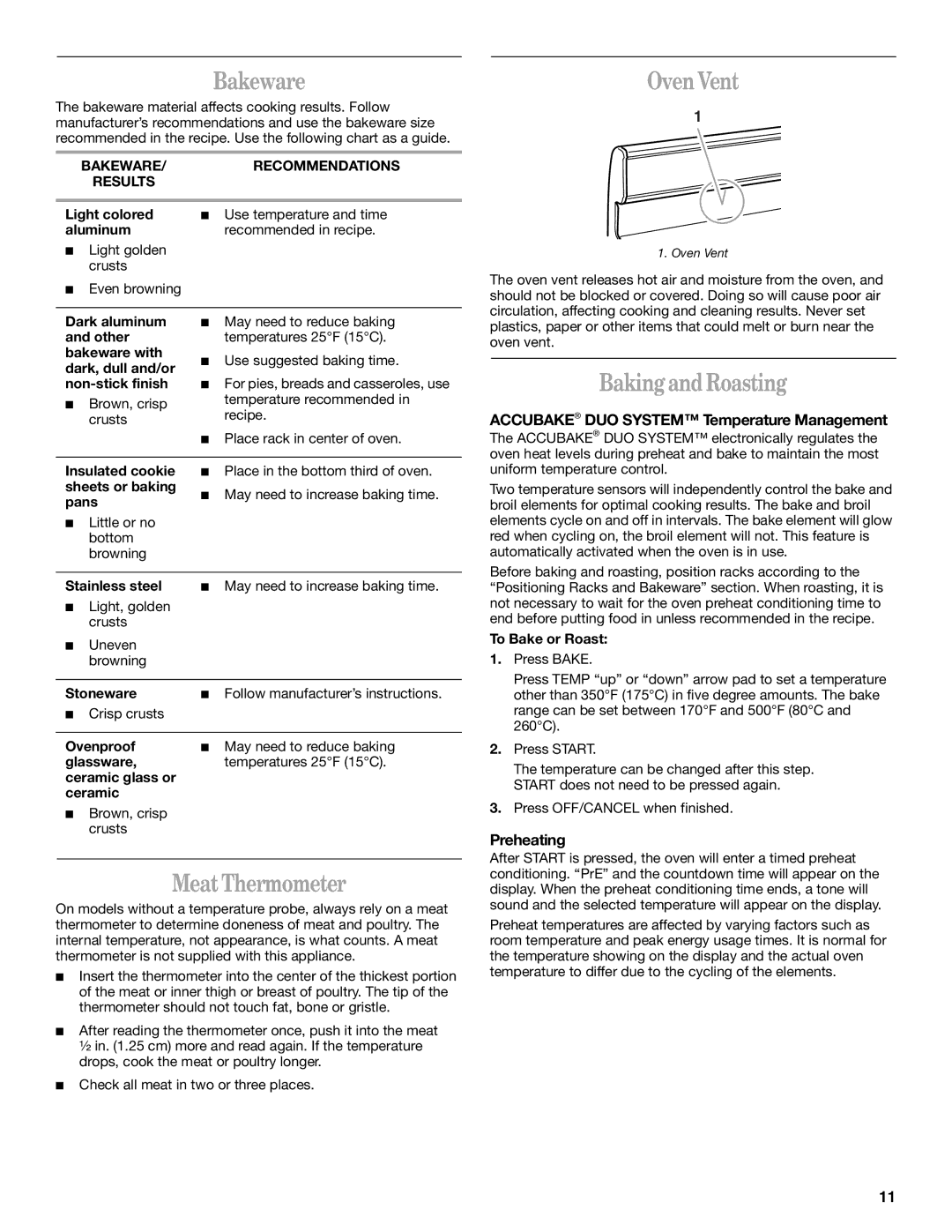 Whirlpool SF195LEK manual Bakeware, Oven Vent, Baking and Roasting, Meat Thermometer 