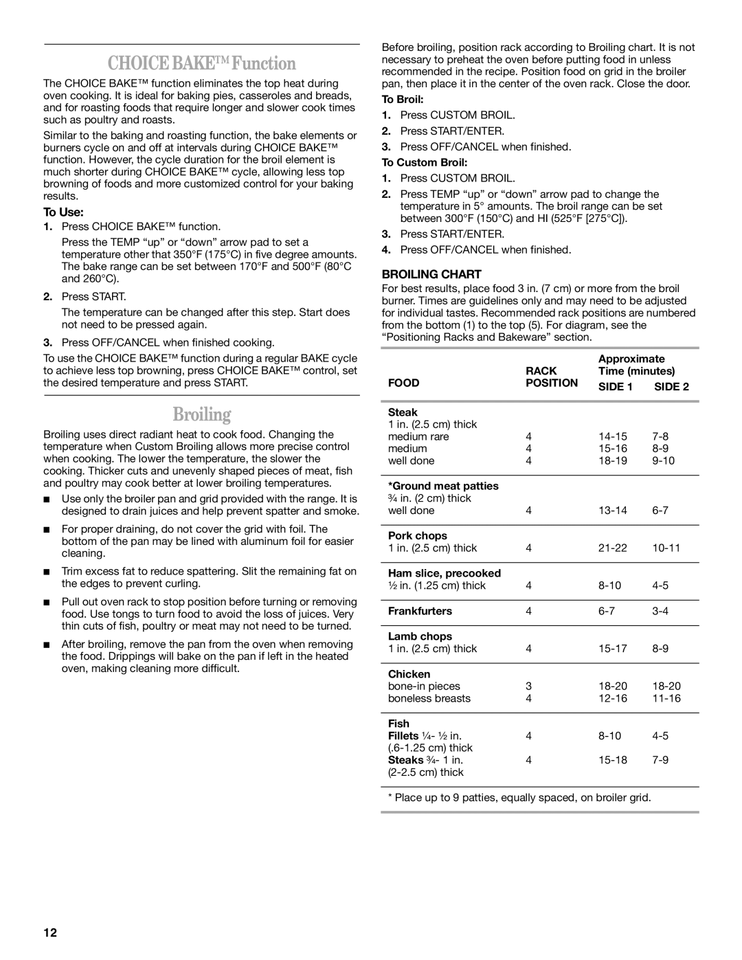 Whirlpool SF195LEK manual Choice Bake Function, Broiling, To Use, Rack, Food Position Side 