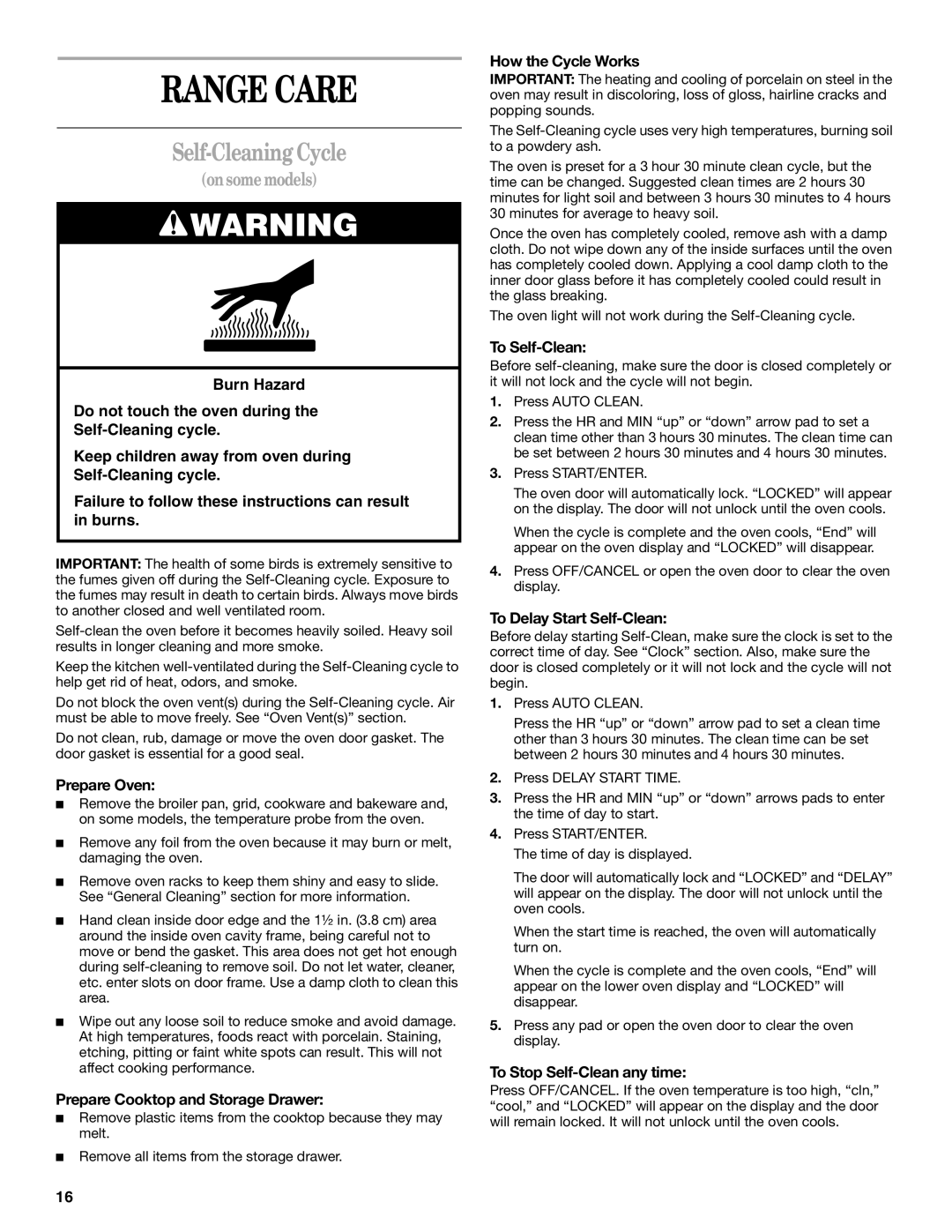 Whirlpool SF195LEK manual Range Care, Self-Cleaning Cycle 