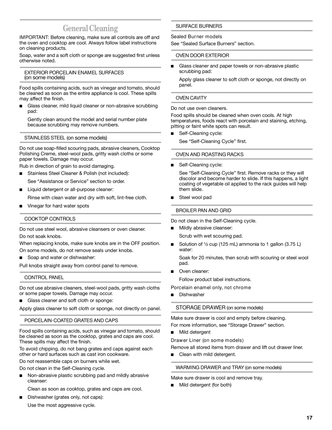 Whirlpool SF195LEK manual General Cleaning 