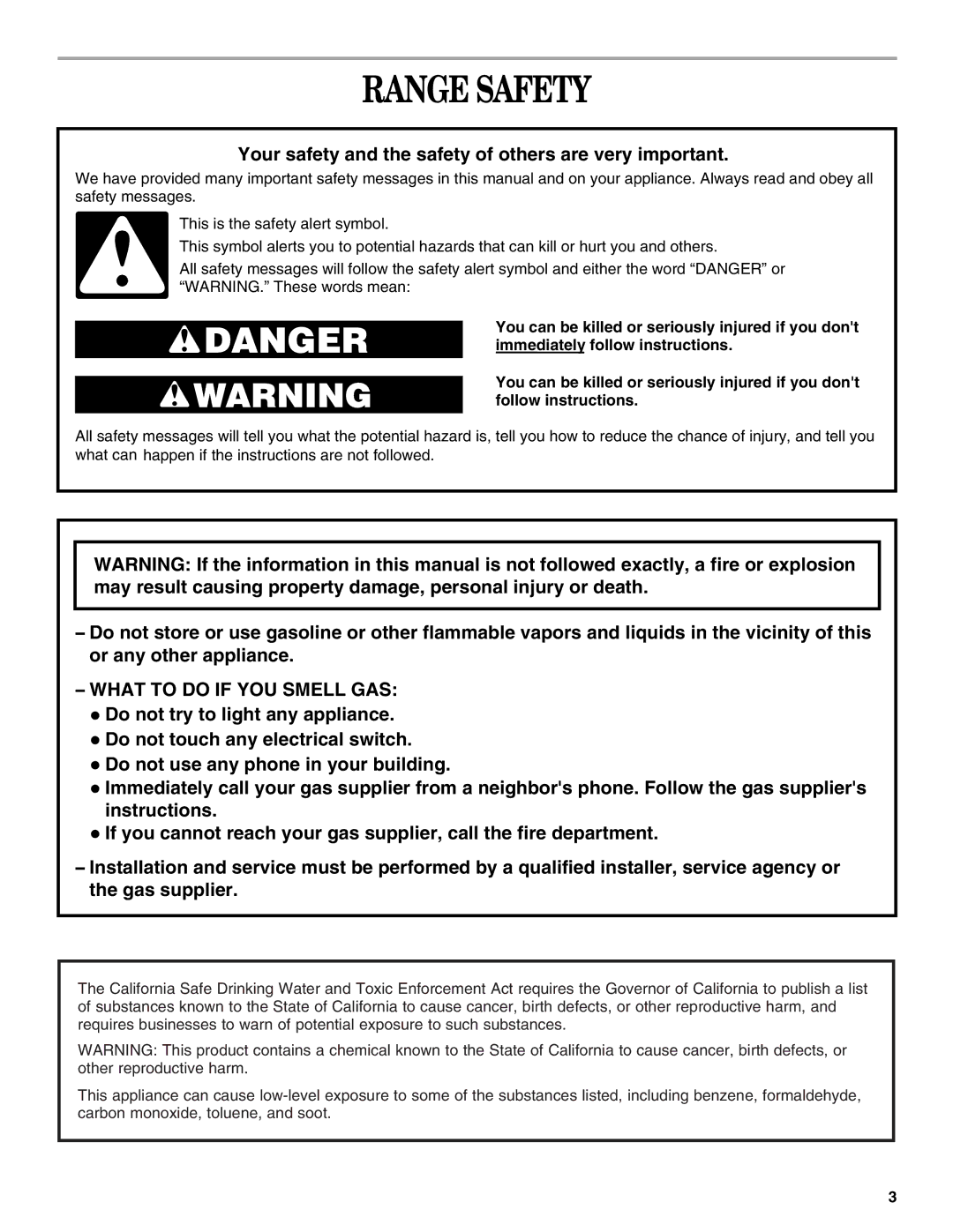 Whirlpool SF195LEK manual Range Safety, Your safety and the safety of others are very important 