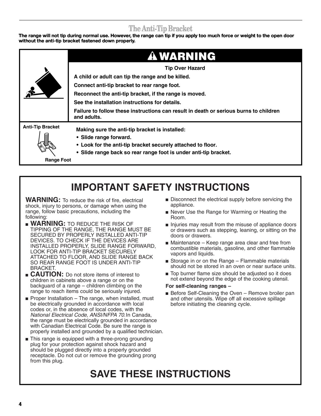 Whirlpool SF195LEK The Anti-Tip Bracket, Important Safety Instructions, Save These Instructions, For self-cleaning ranges 
