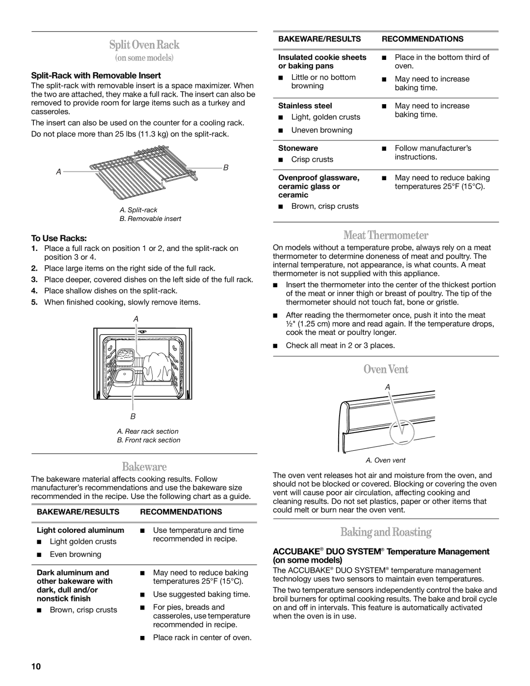 Whirlpool SF196LEPB1 manual SplitOvenRack, Bakeware, MeatThermometer, OvenVent, BakingandRoasting 