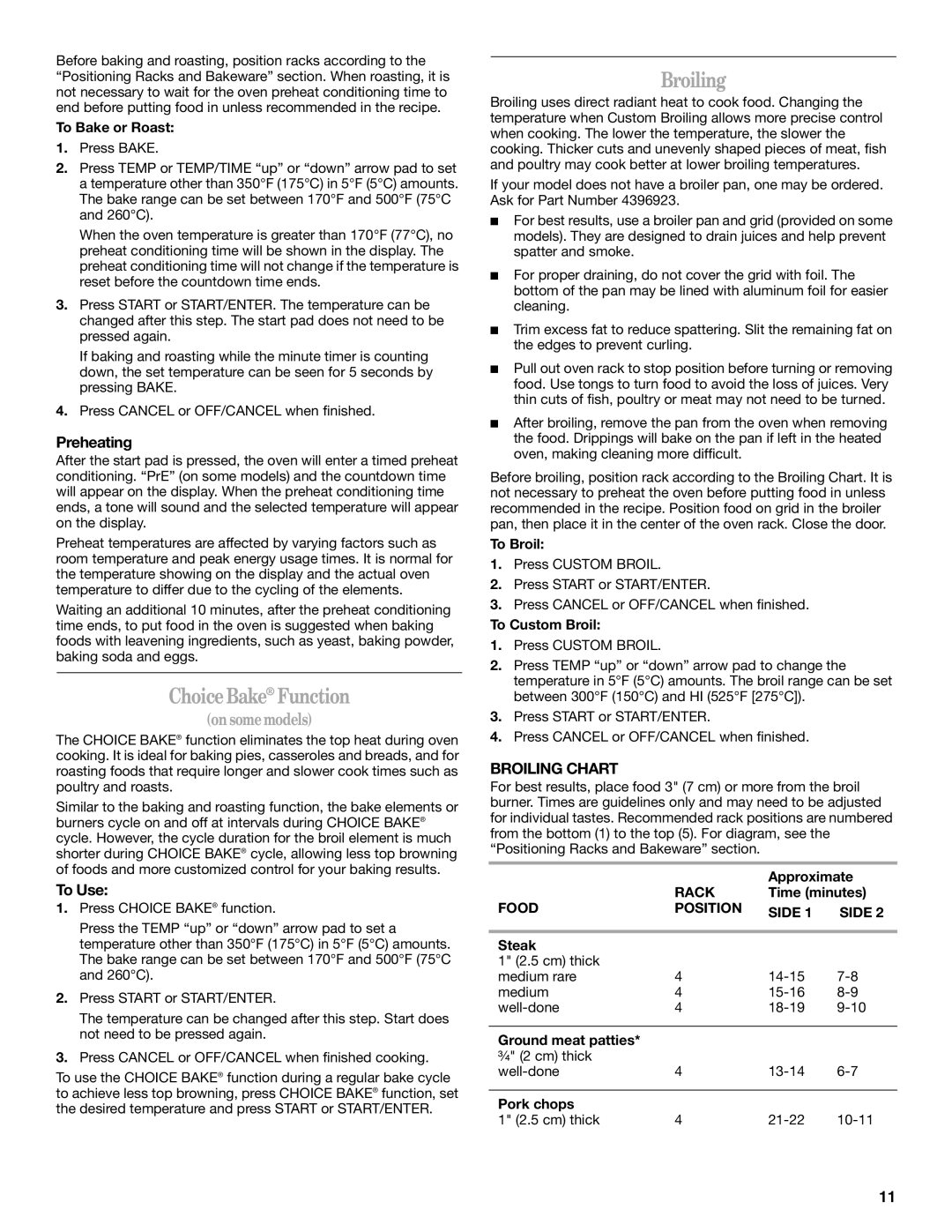 Whirlpool SF196LEPB1 manual ChoiceBake Function, Preheating, To Use, Broiling Chart 