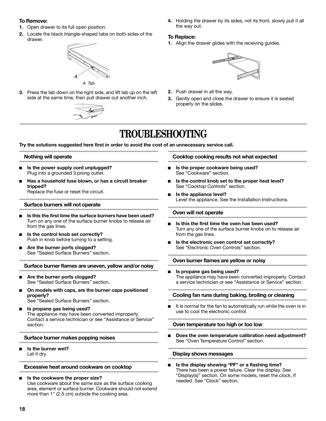 Whirlpool SF196LEPB1 manual Troubleshooting 