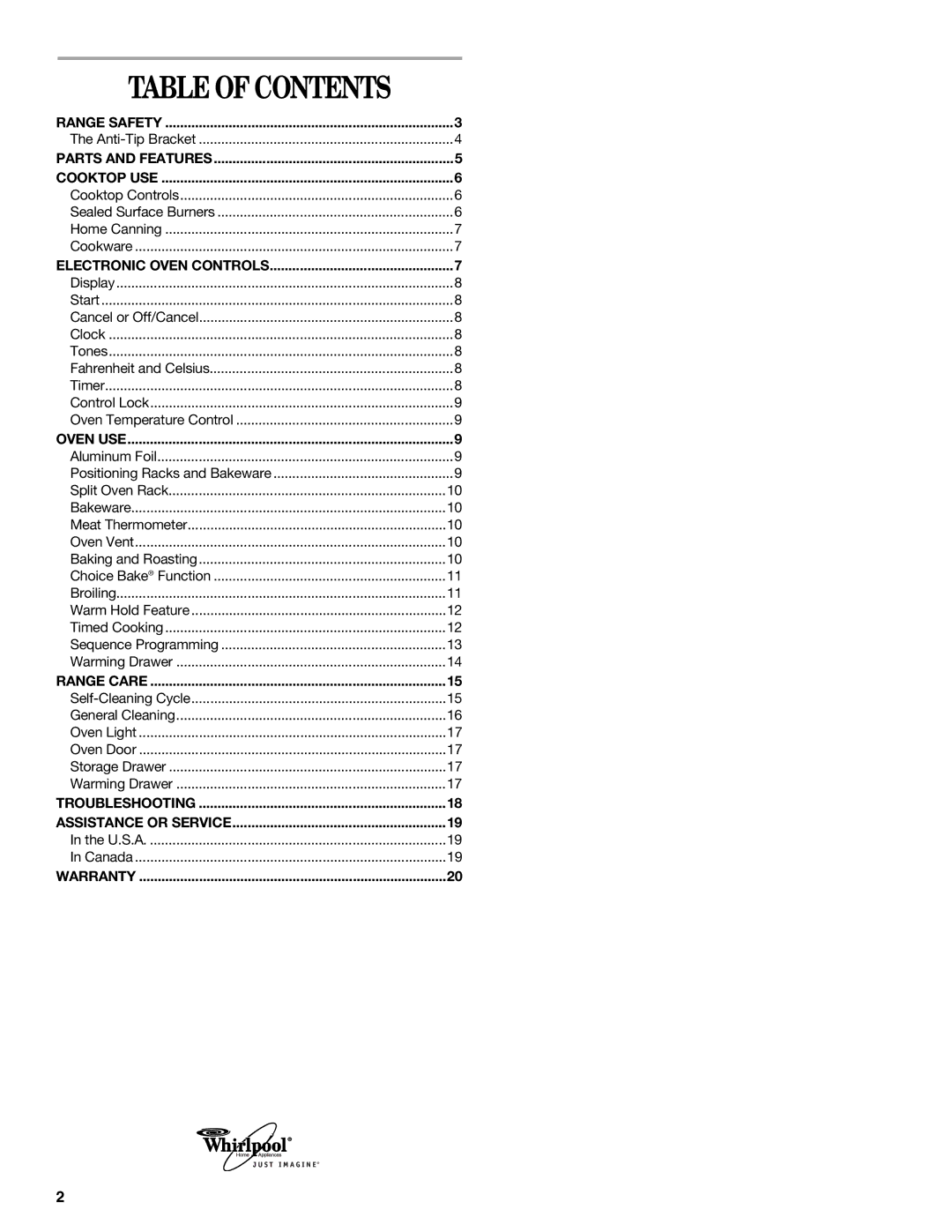 Whirlpool SF196LEPB1 manual Table of Contents 