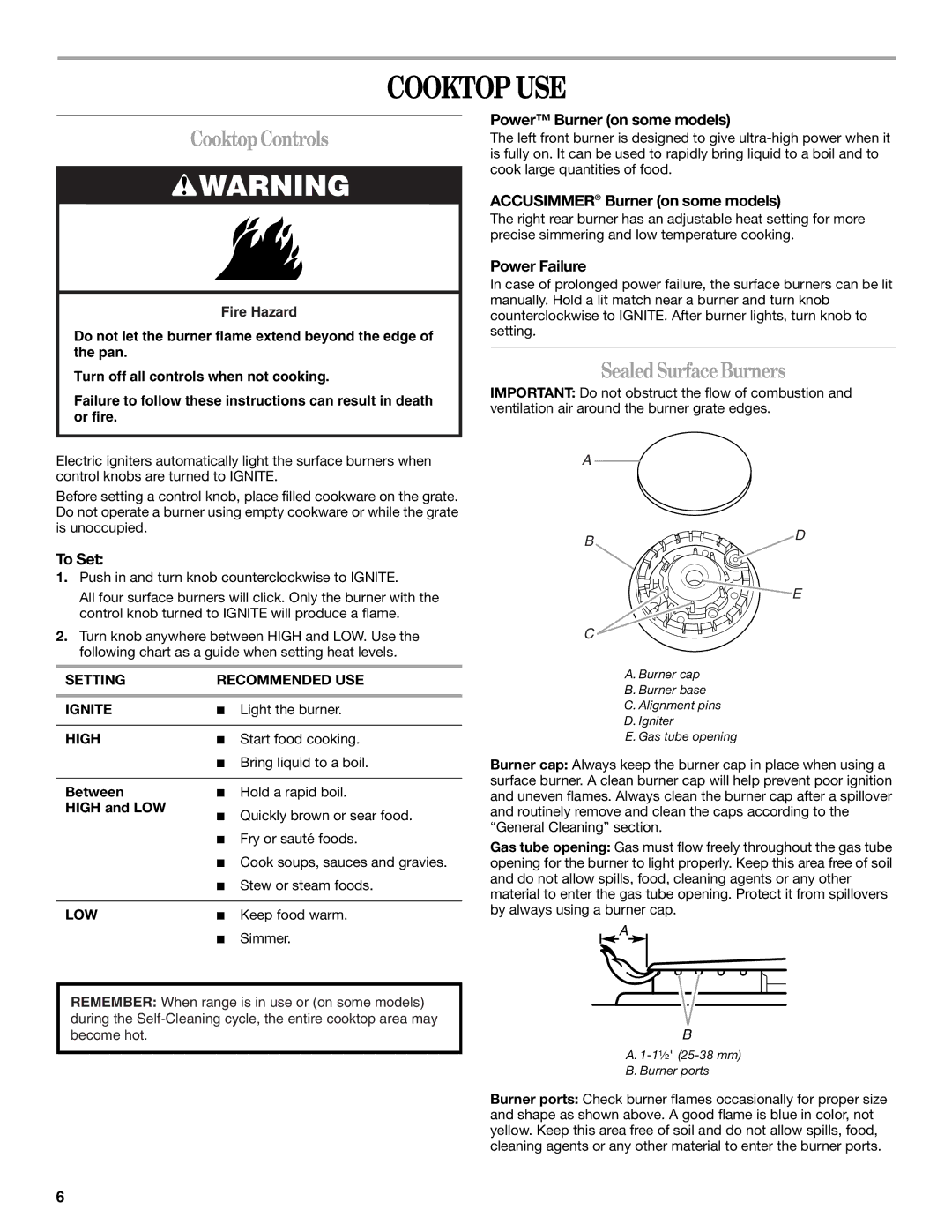 Whirlpool SF196LEPB1 manual Cooktop USE, CooktopControls, SealedSurfaceBurners 