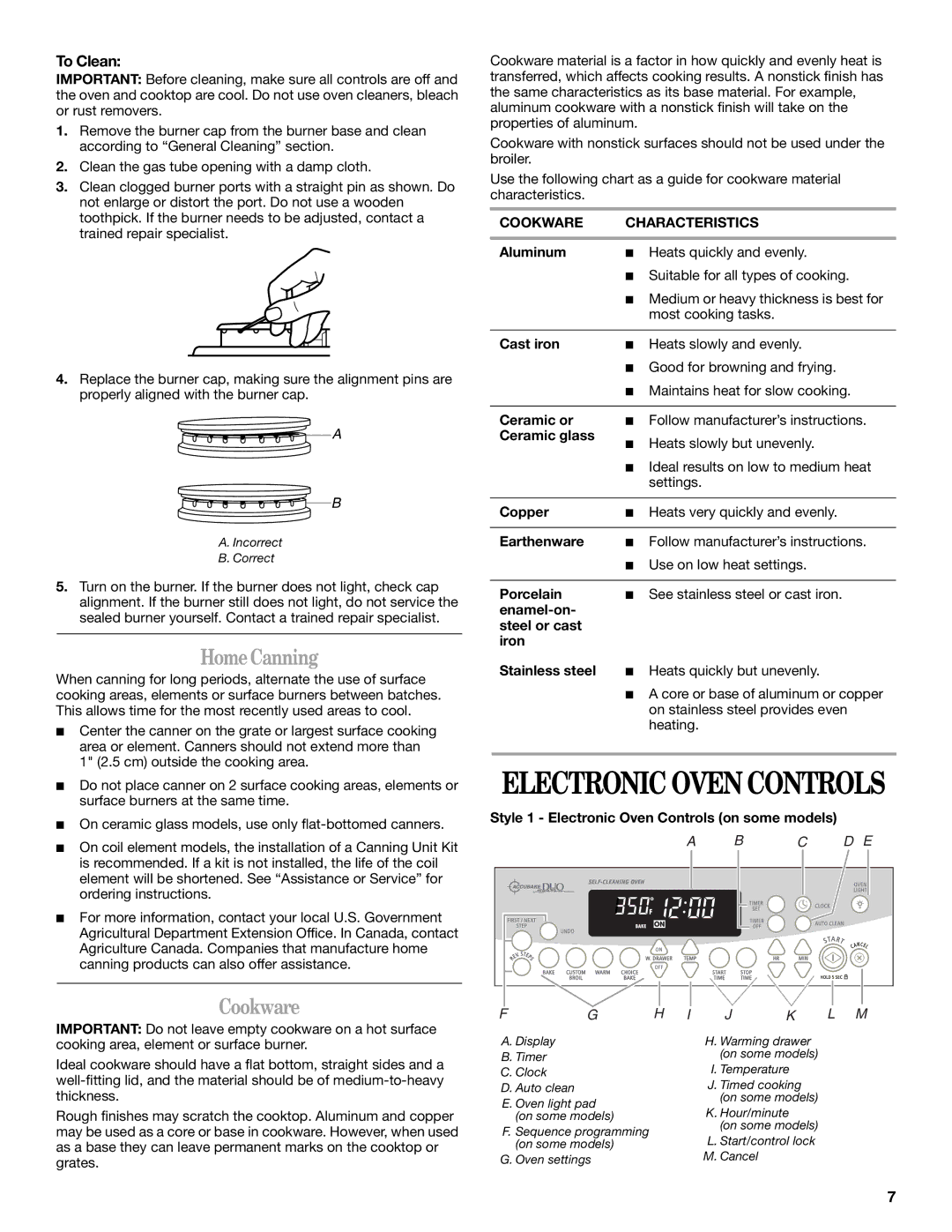 Whirlpool SF196LEPB1 manual HomeCanning, To Clean, Cookware Characteristics 