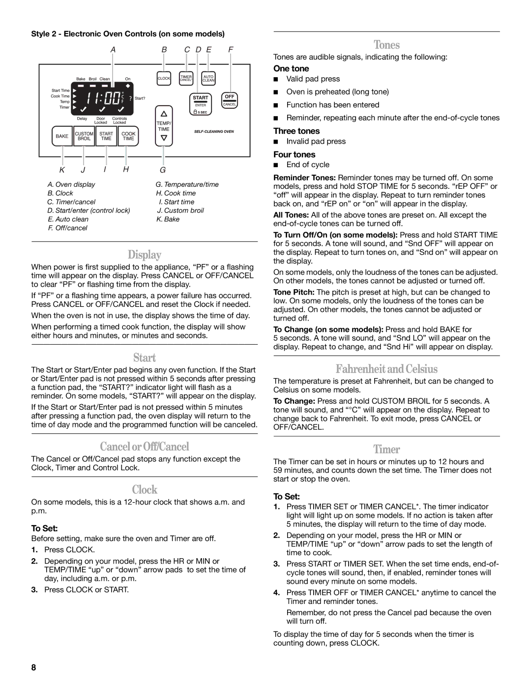 Whirlpool SF196LEPB1 manual Display, Start, Tones, FahrenheitandCelsius, CancelorOff/Cancel, Clock, Timer 