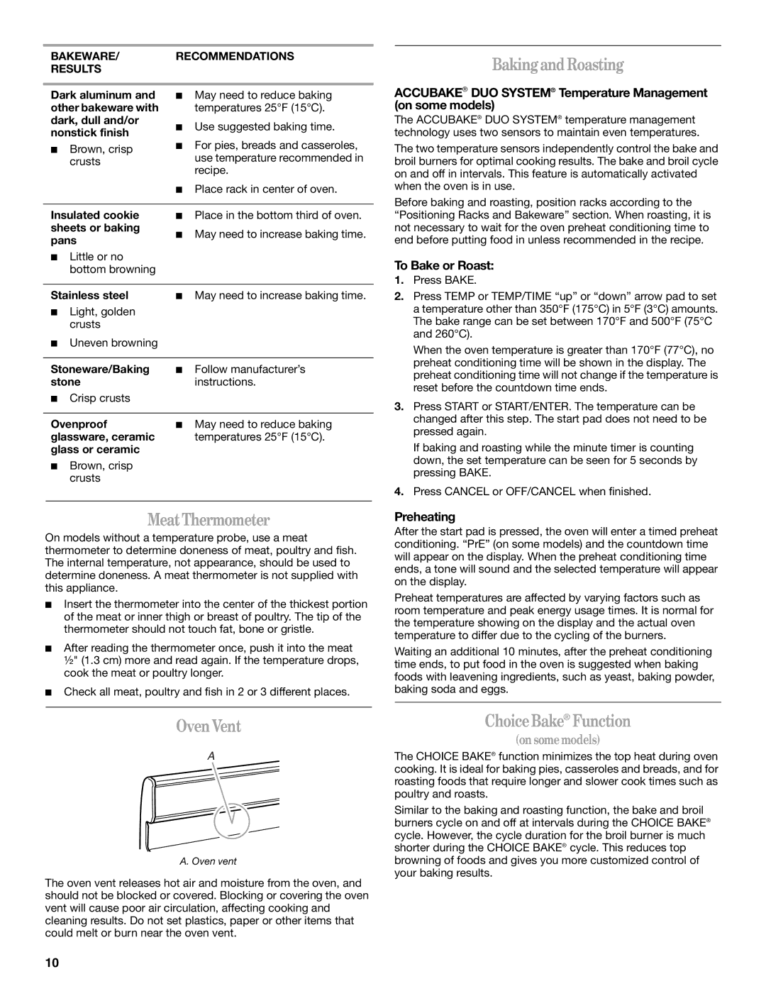 Whirlpool SF196LEPB3 manual BakingandRoasting, MeatThermometer, OvenVent, ChoiceBake Function 