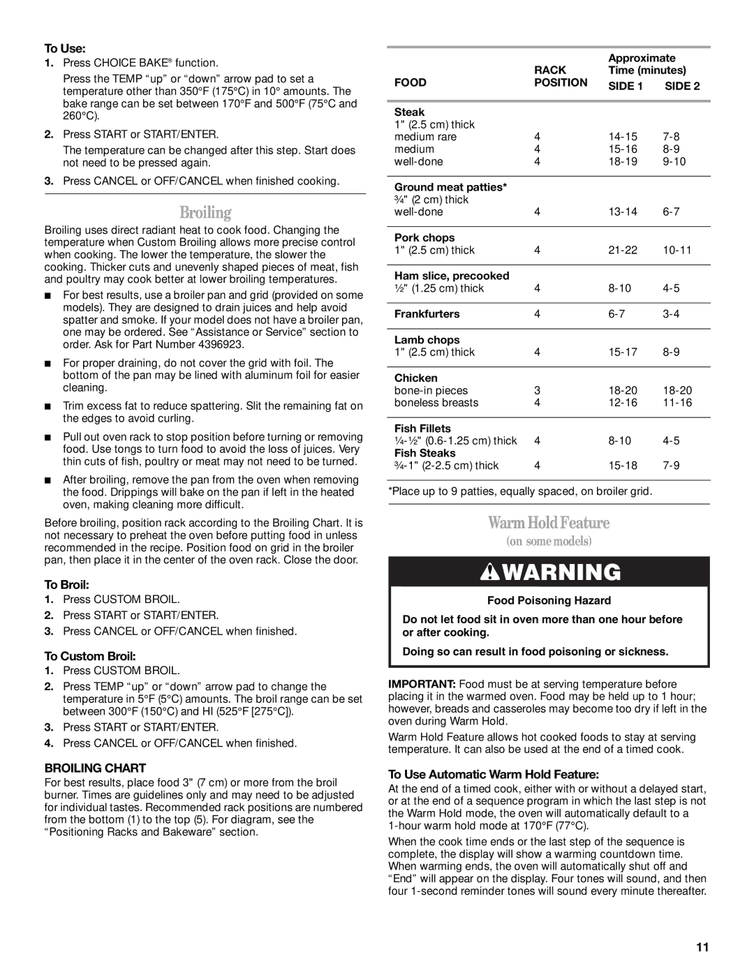 Whirlpool SF196LEPB3 manual WarmHoldFeature, Broiling Chart 