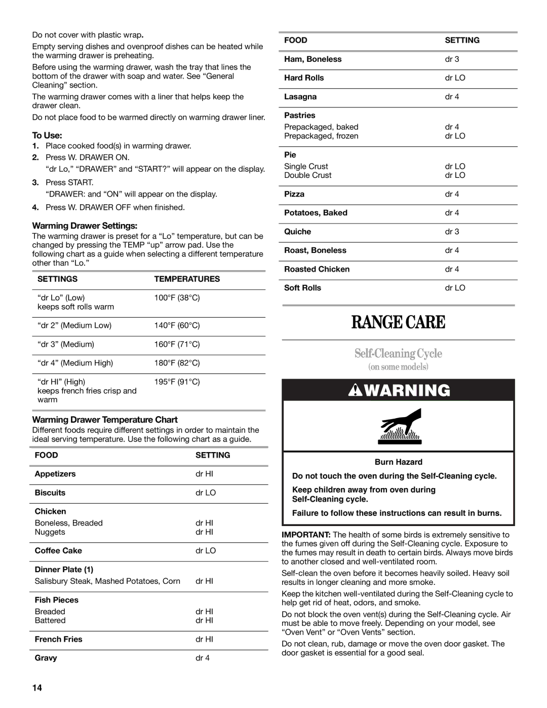 Whirlpool SF196LEPB3 manual Range Care, Self-CleaningCycle, Warming Drawer Settings, Warming Drawer Temperature Chart 