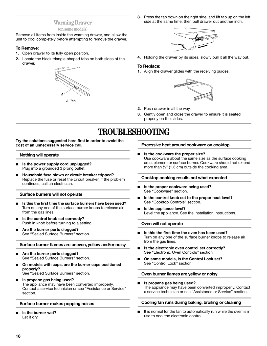 Whirlpool SF196LEPB3 manual Troubleshooting 