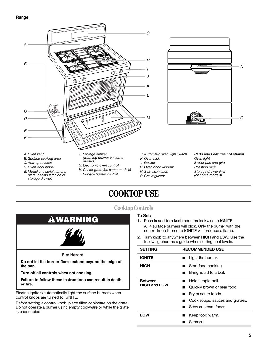 Whirlpool SF196LEPB3 manual Cooktop USE, CooktopControls, Range, To Set 