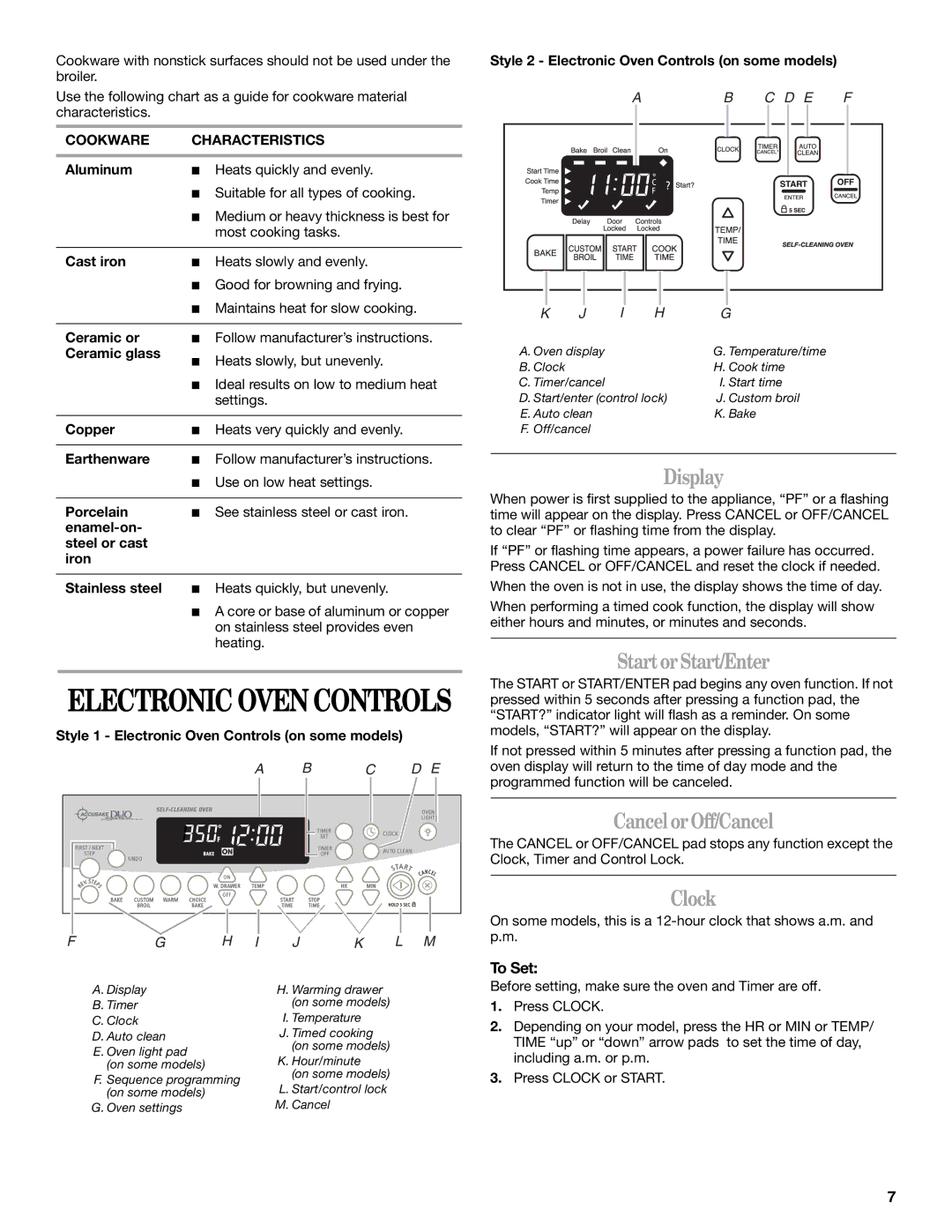 Whirlpool SF196LEPB3 manual Display, StartorStart/Enter, CancelorOff/Cancel, Clock, Cookware Characteristics 