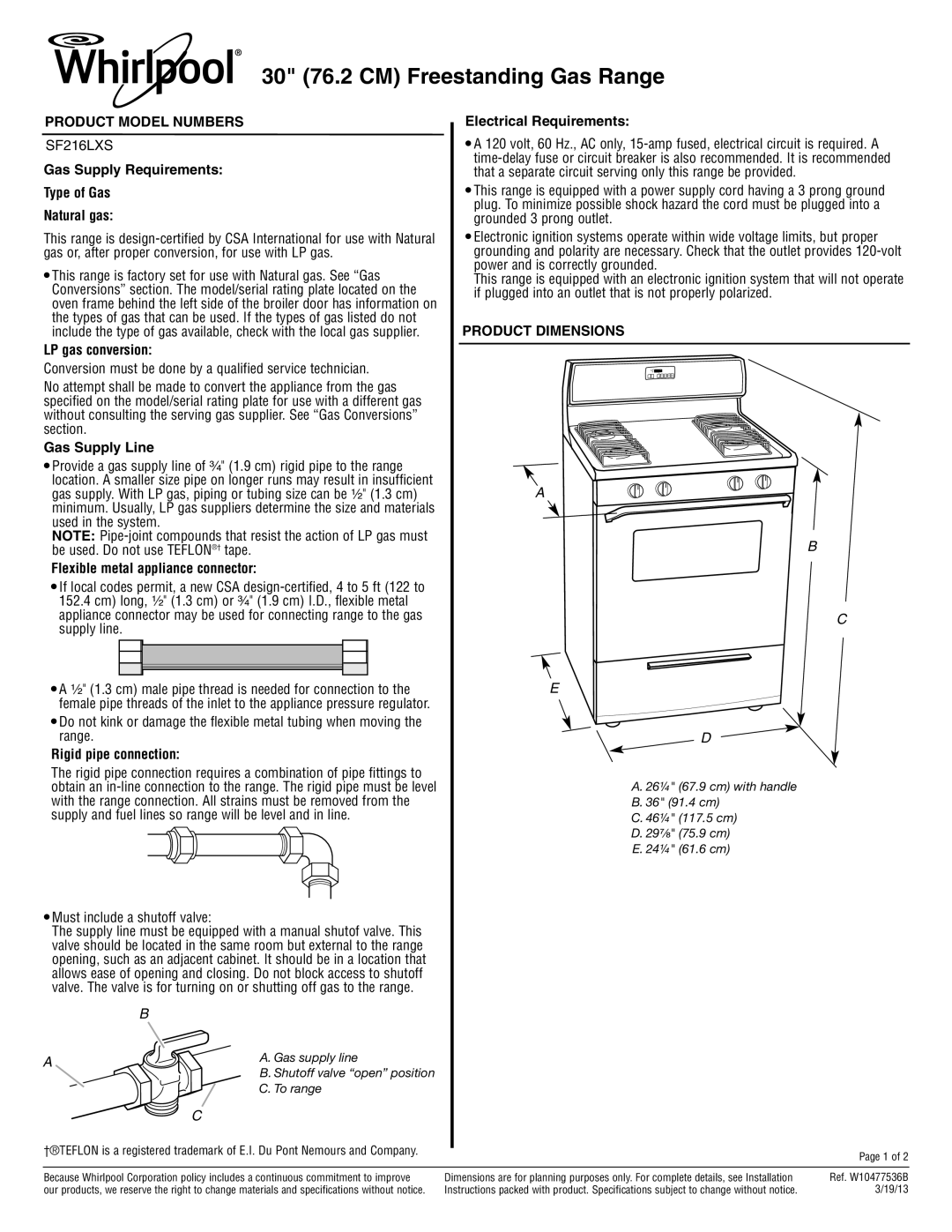 Whirlpool SF216LXS dimensions Product Model Numbers, Product Dimensions 