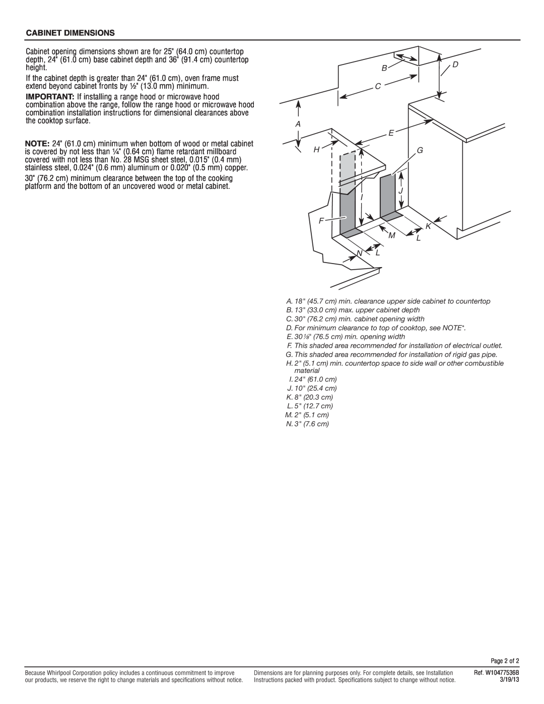 Whirlpool SF216LXS dimensions B D C A E Hg J, F K M L N L, Cabinet Dimensions 