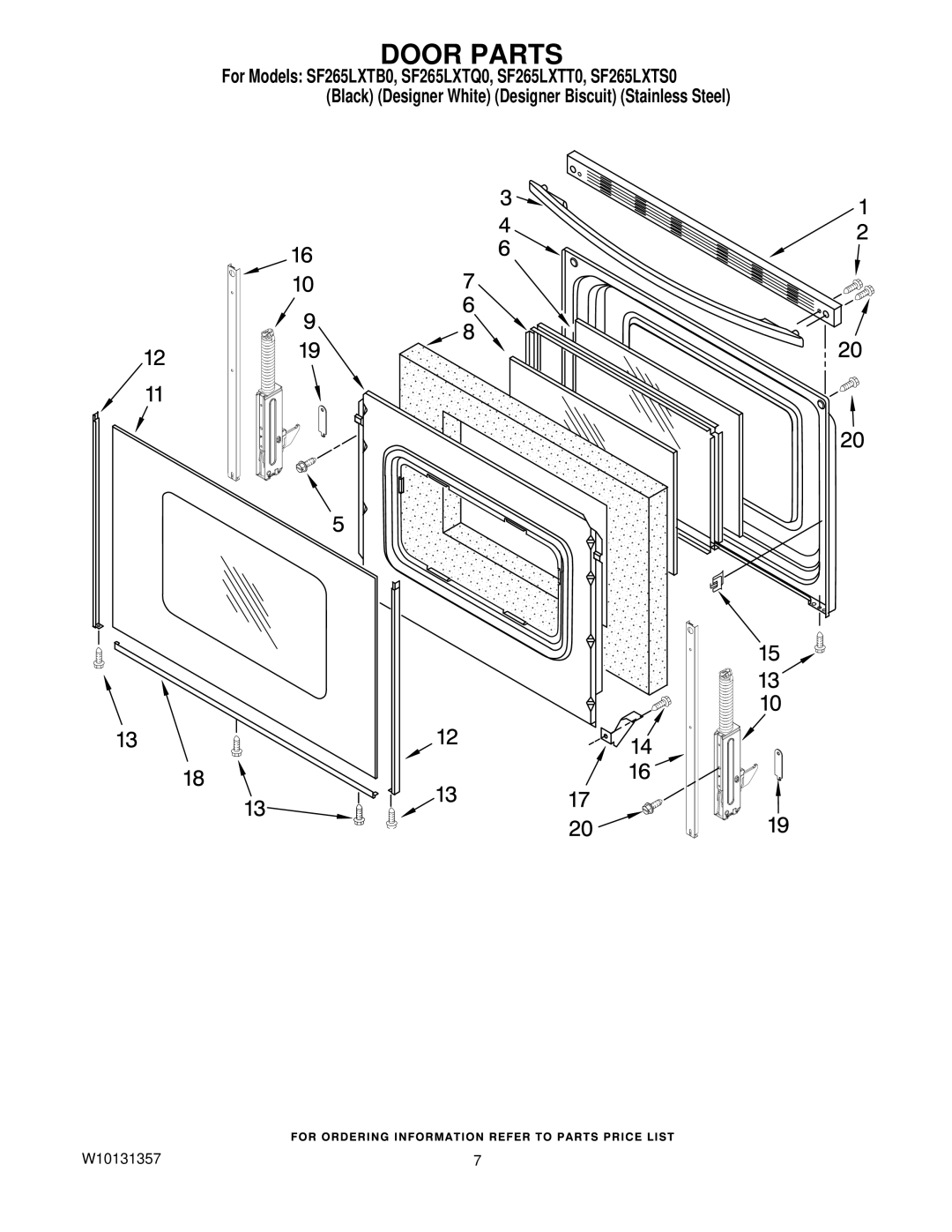 Whirlpool SF265LXTB0, SF265LXTT0, SF265LXTQ0, SF265LXTS0 installation instructions Door Parts 