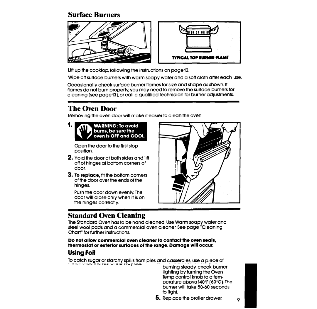 Whirlpool SF3000ER, SF3000SR manual Surface Burners, Oven Door, Standard Oven Cleaning, Using Foil, Calciion 