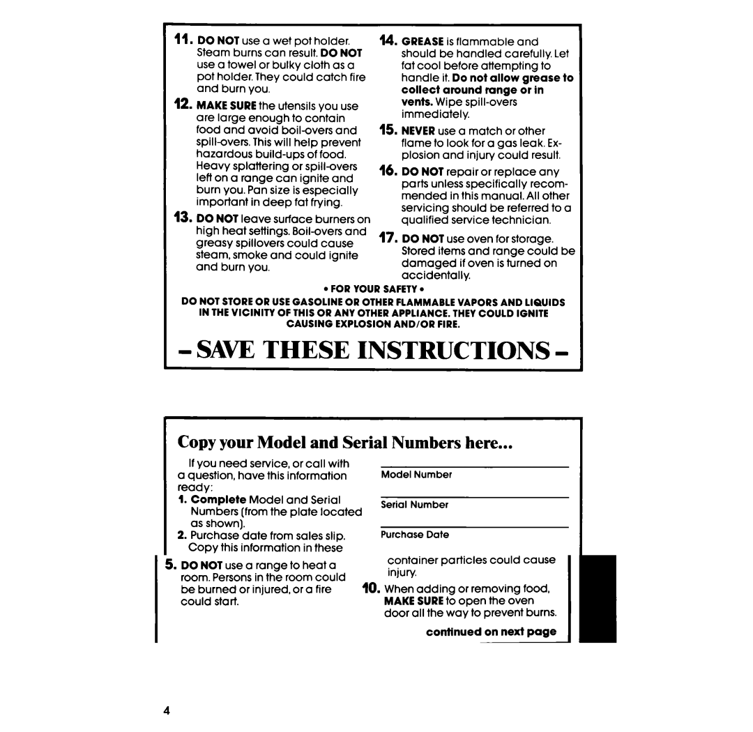 Whirlpool SF3000ER, SF3000SR manual Copy your Model and Serial Numbers here 