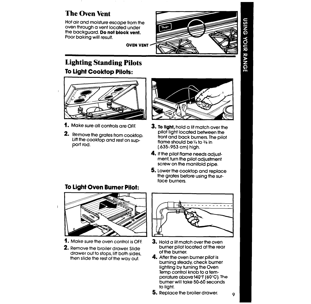 Whirlpool SF3000SR, SF3000ER Oven Vent, Lighting Standing Pilots, To light Cooktop Pilots r, To light Oven Burner Pilot 