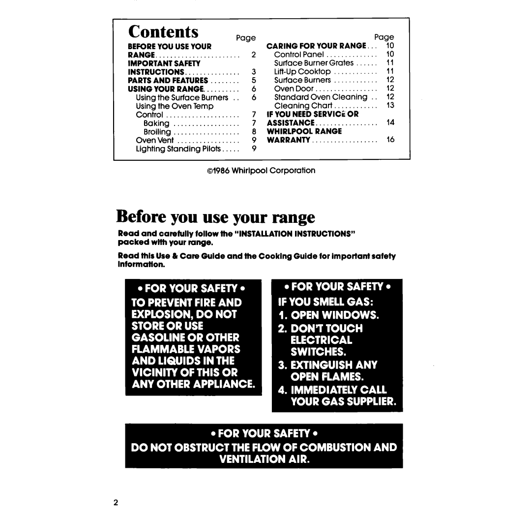Whirlpool SF3000ER, SF3000SR manual Contents Page, Before you use your range 
