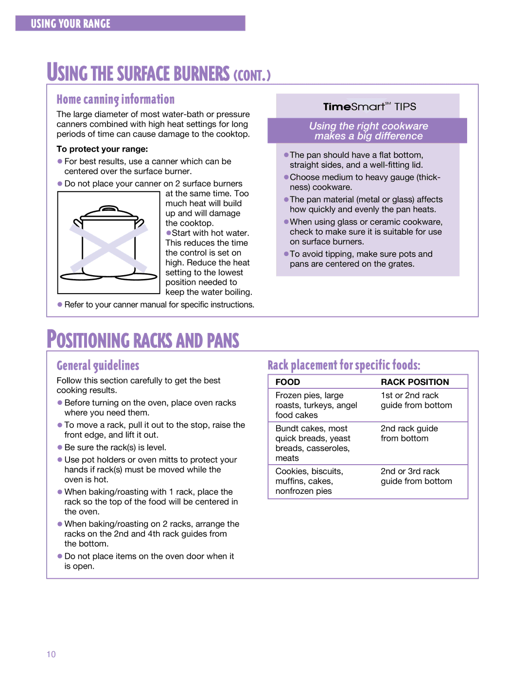 Whirlpool SF3000SE warranty Positioning Racks and Pans, Home canning information, General guidelines, To protect your range 