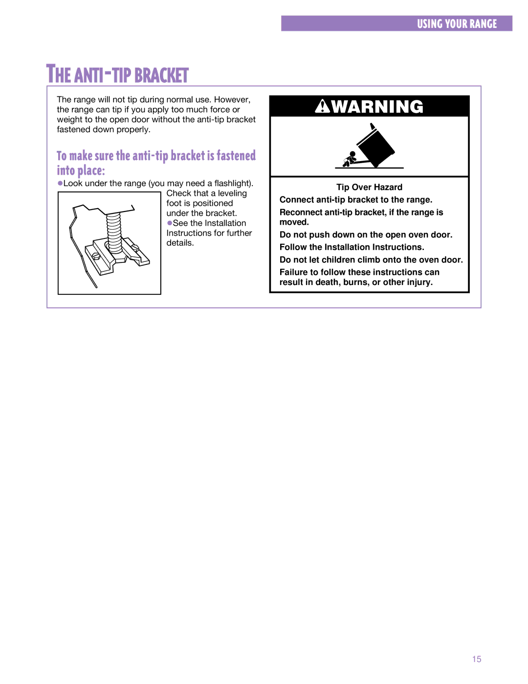 Whirlpool SF302BSE, SF3000SE warranty ANTI-TIP Bracket, To make sure the anti-tip bracket is fastened into place 