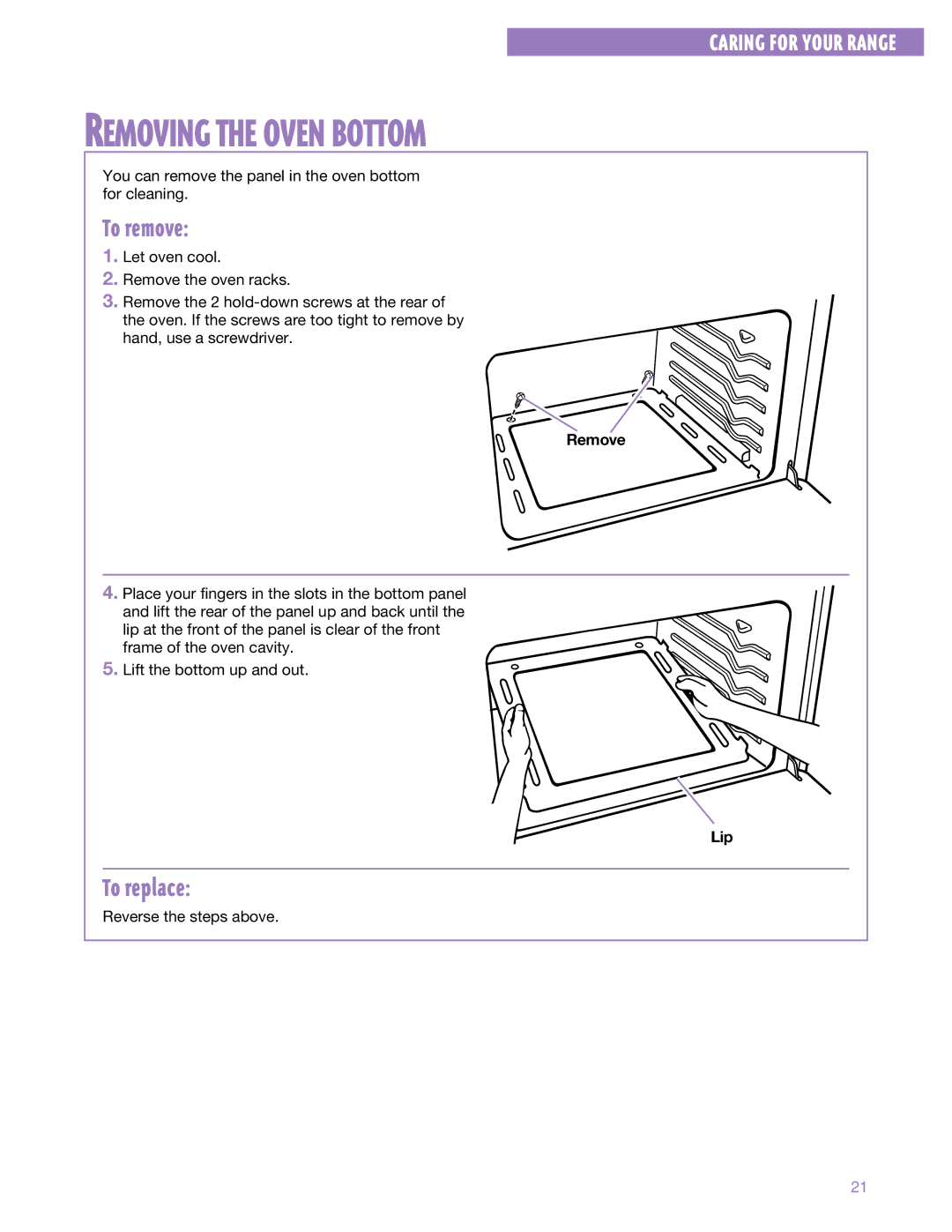 Whirlpool SF302BSE, SF3000SE warranty Removing the Oven Bottom, Remove, Lip 