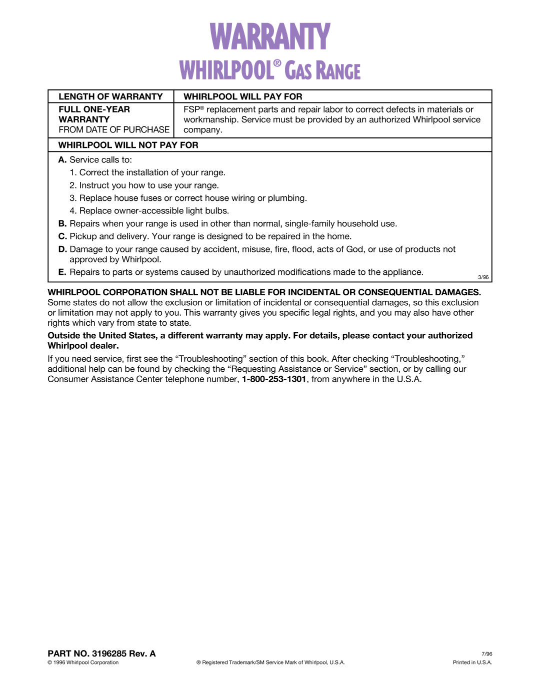 Whirlpool SF3000SE, SF302BSE Length of Warranty Whirlpool will PAY for Full ONE-YEAR, Company, Whirlpool will not PAY for 