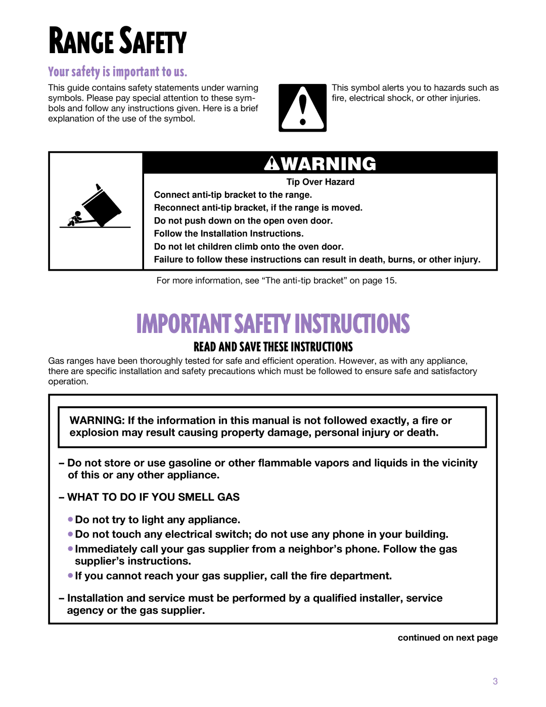 Whirlpool SF302BSE, SF3000SE warranty Range Safety, Your safety is important to us, On next 